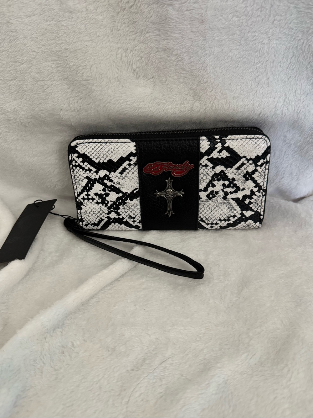Ed Hardy Black & White Snake-Print Zip Wristlet with Cross Accent